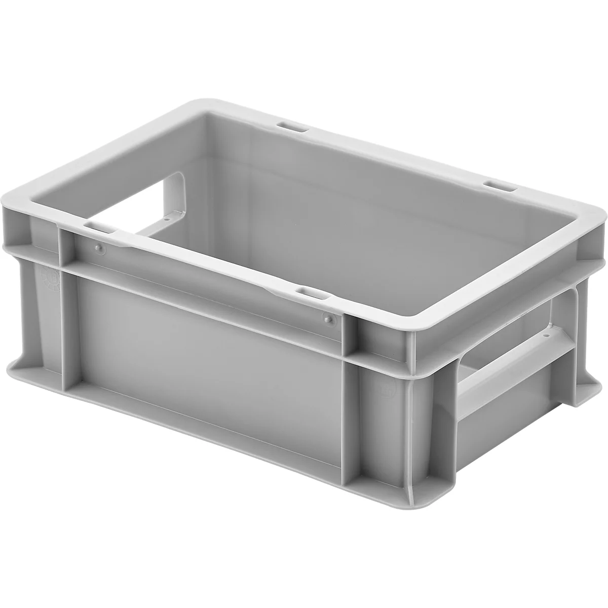 Gray plastic crate with handle openings and a surrounding edge.