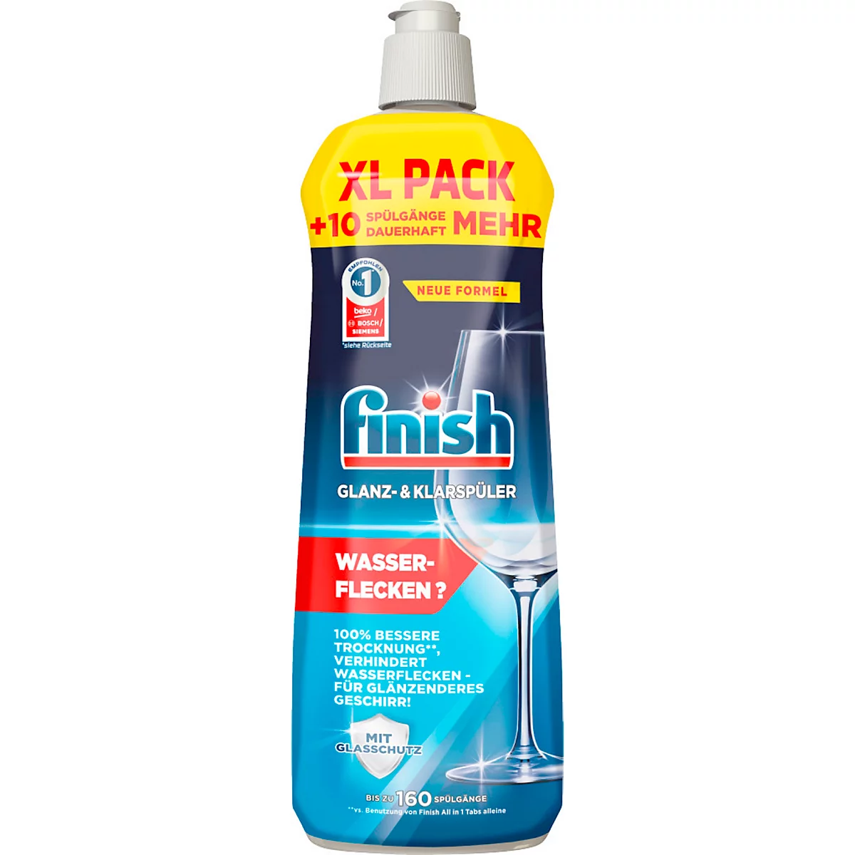 A bottle of Finish rinse aid with a yellow label and blue liquid. Text: "XL Pack", "Shine & Rinse Aid", "Water stains?" and "100% better drying".