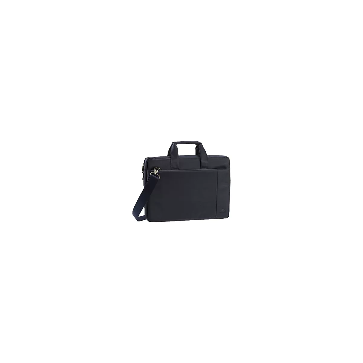 Dunkelblaue Laptoptasche mit Tragegriff und Schultergurt. Goldfarbene ReiÃŸverschlÃ¼sse und MetallverschlÃ¼sse.