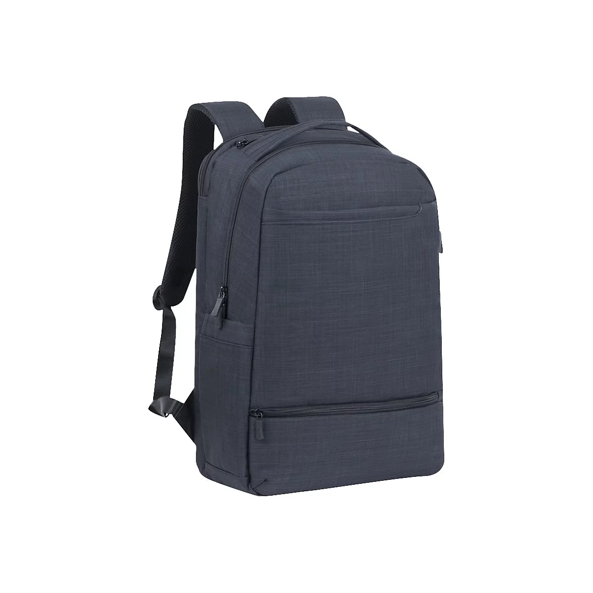 Dunkelblauer Rucksack, Frontansicht. Rechteckiges Design, zwei Schultergurte und ein Griff oben.