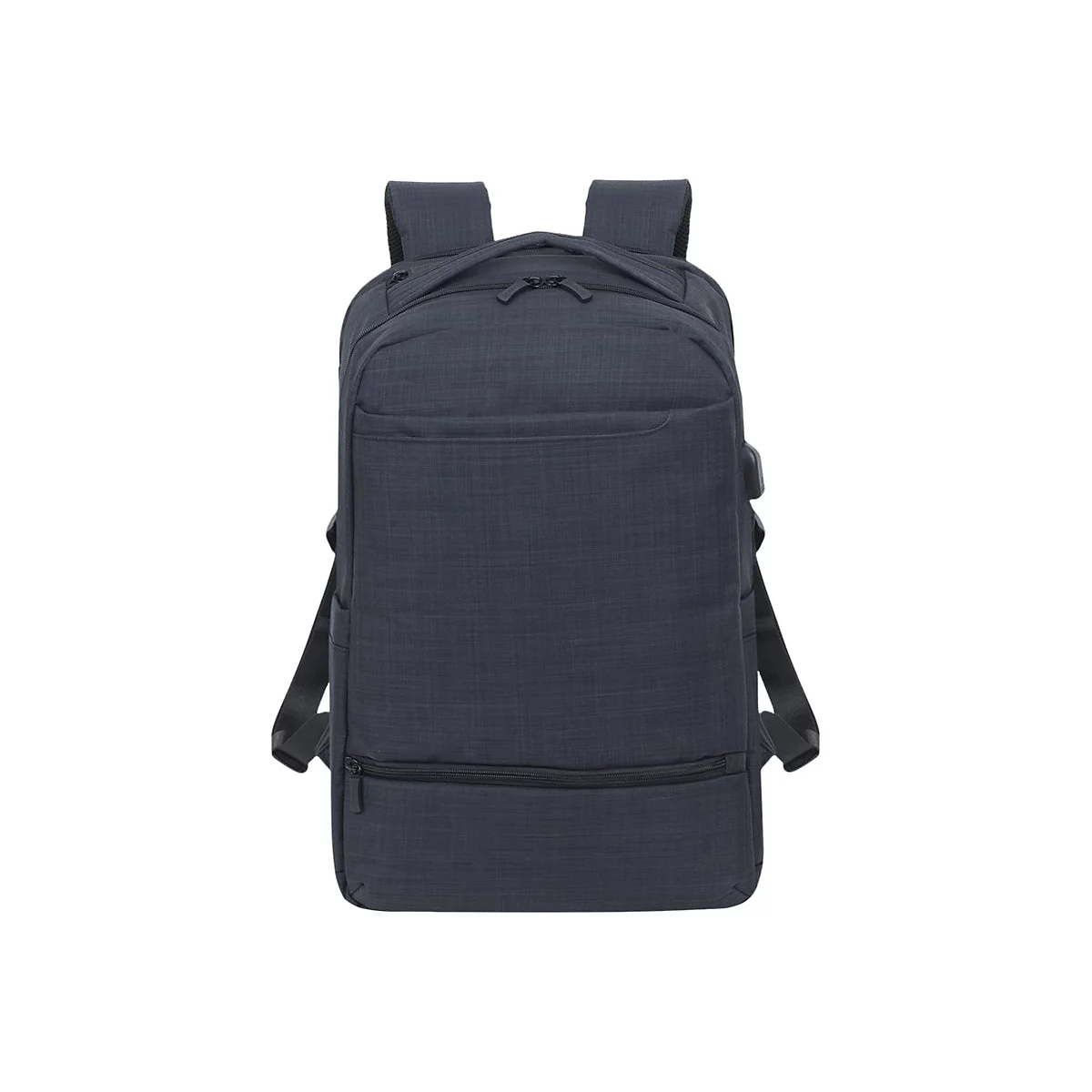 Dunkelblauer Rucksack mit mehreren FÃ¤chern und gepolsterten Schultergurten. Auf hellem Hintergrund.