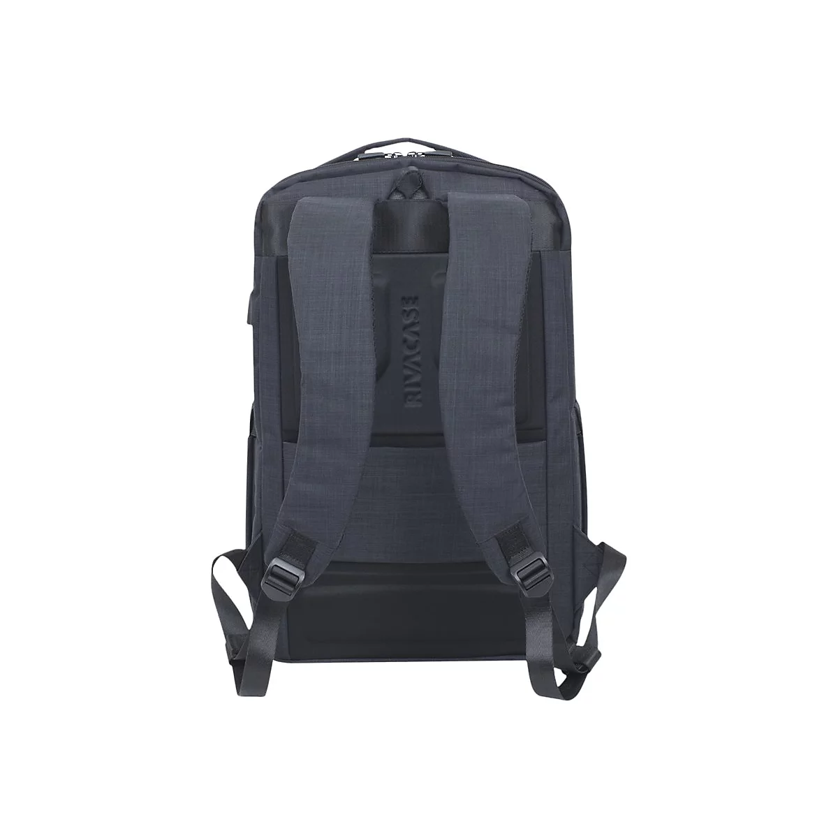 Dunkelgrauer Rucksack von hinten, gepolsterte TrÃ¤ger und RÃ¼cken. Auf dem RÃ¼cken steht RivaCase.