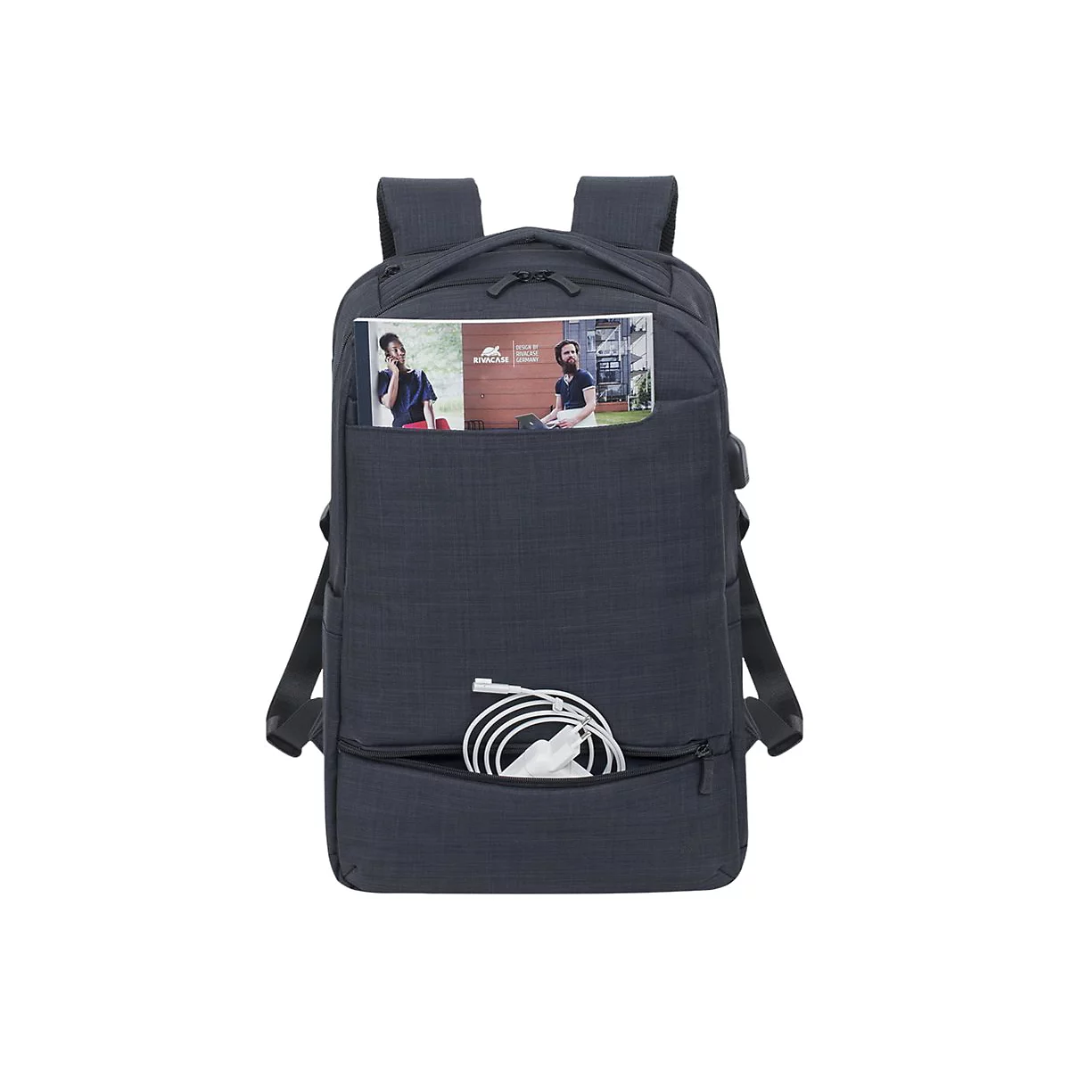Dunkelblauer Rucksack mit Laptopfach. In einer Fronttasche liegen Kabel und eine BroschÃ¼re.