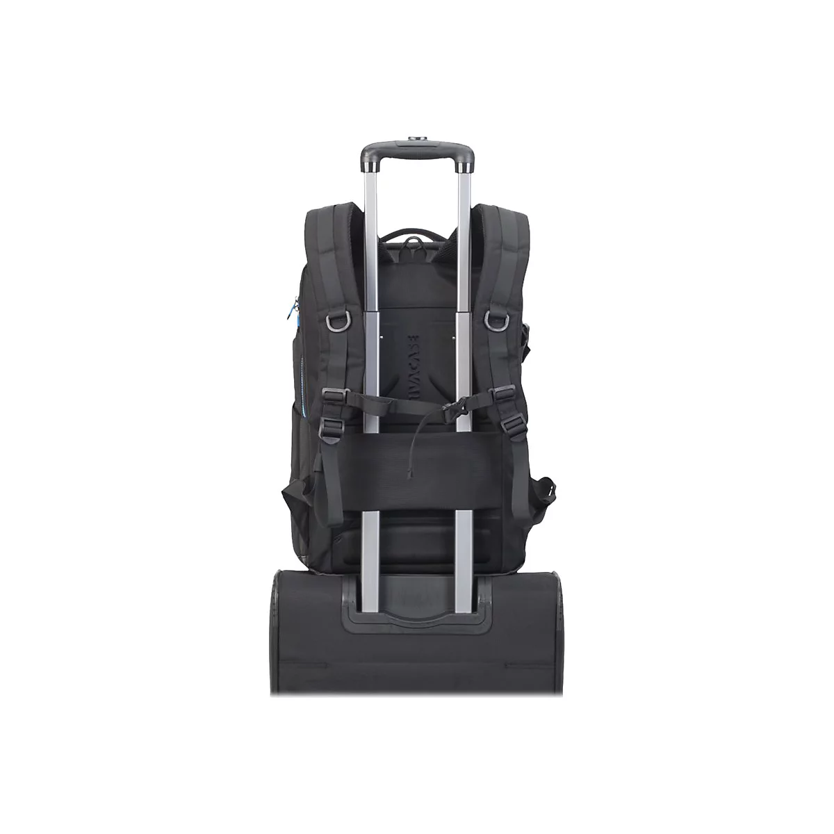 Schwarzer Rucksack auf einem Trolley, RÃ¼ckansicht, Details der TrÃ¤ger und des Griffs.
