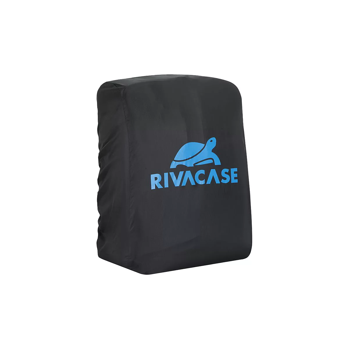 Schwarze RucksackhÃ¼lle mit blauem SchildkrÃ¶tenlogo und Schriftzug RIVACASE.