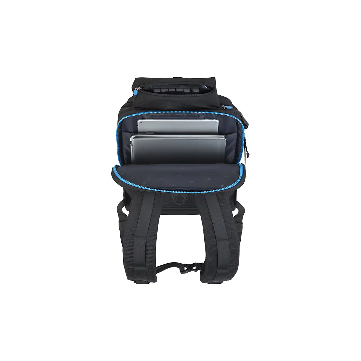 Schwarzer Rucksack mit geÃ¶ffnetem Fach, in dem zwei Tablets liegen. Blaue Akzente und Tragegurte.