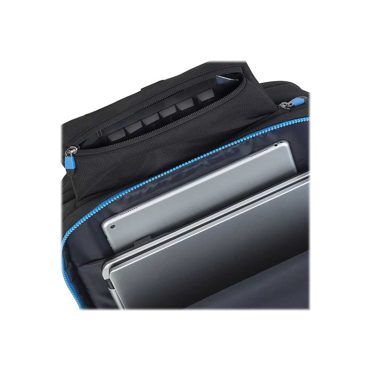 Schwarze Tasche, blau eingefasst, mit ReiÃŸverschluss. Zwei Tablets in der Tasche.