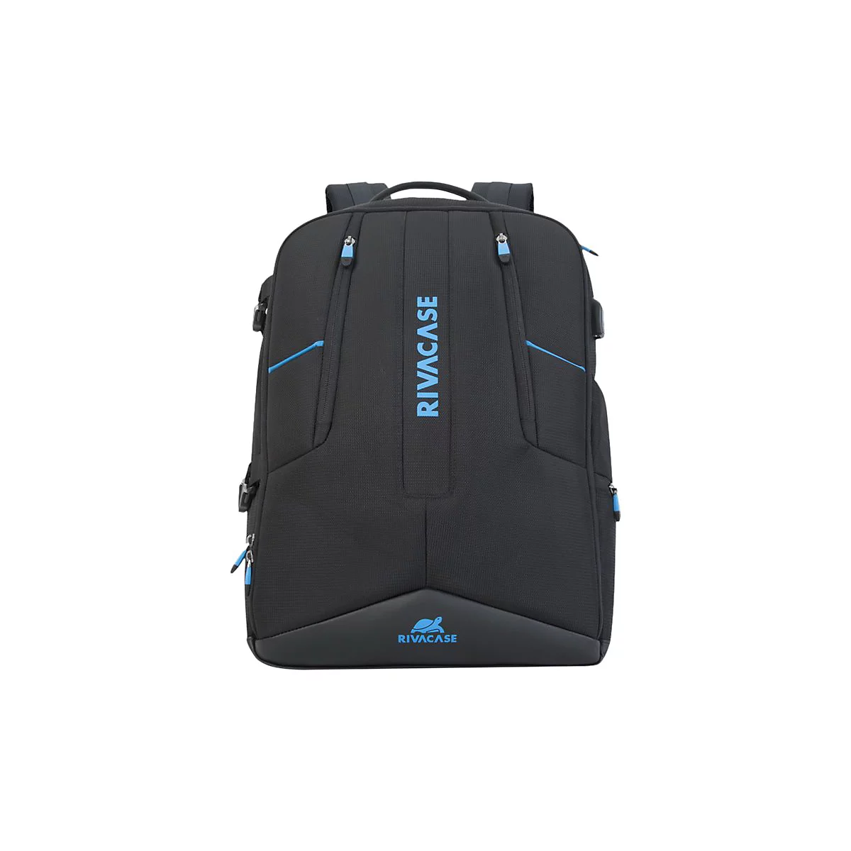 Schwarzer Rucksack mit blauem Reisverschluss. Aufgedruckter, blauer Schriftzug: RIVACASE.