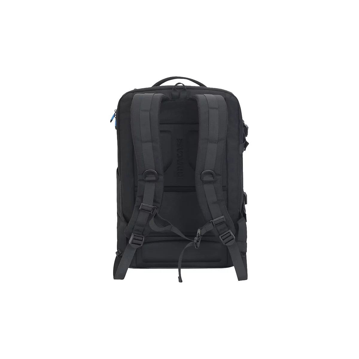 Schwarzer Rucksack von hinten. Schultergurte, Tragegriff oben. Auf der RÃ¼ckseite steht SWISSCASE.