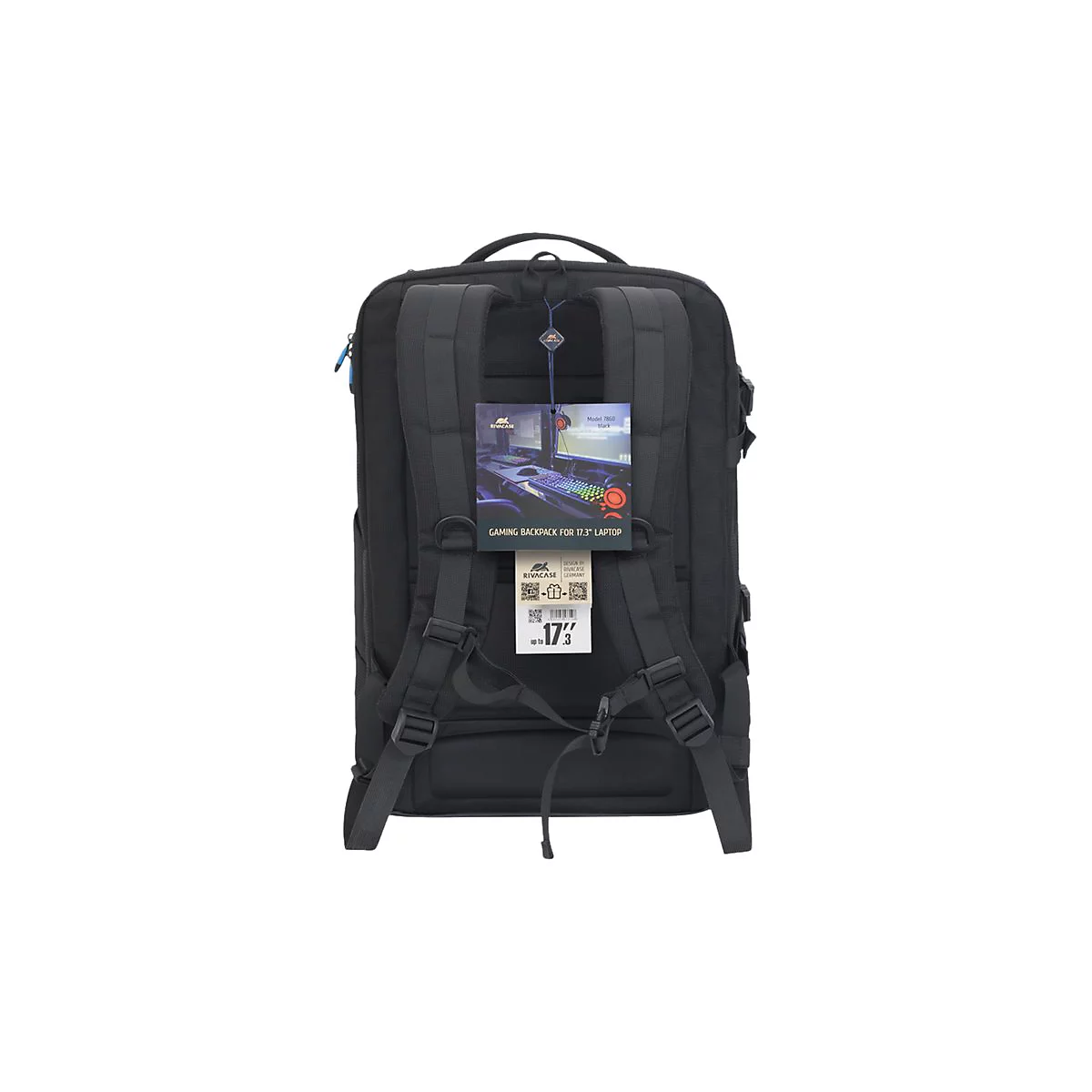 Schwarzer Rucksack, RÃ¼ckseite mit Schultergurten und Etikett: Laptop-Rucksack fÃ¼r 17-Zoll-Laptop.