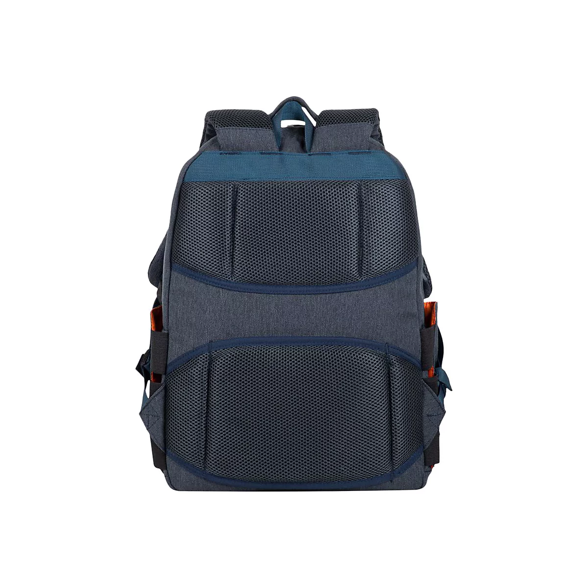 Dunkelblauer Rucksack, RÃ¼ckseite, Netzgewebe, TrÃ¤ger, orangefarbene Elemente.