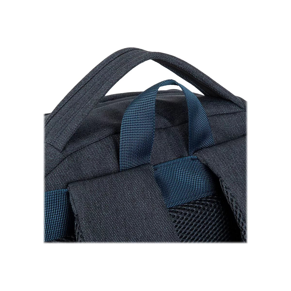 Nahaufnahme des oberen Teils eines Rucksacks. Der Griff und die Riemen sind blau, der Rucksack ist dunkelgrau.