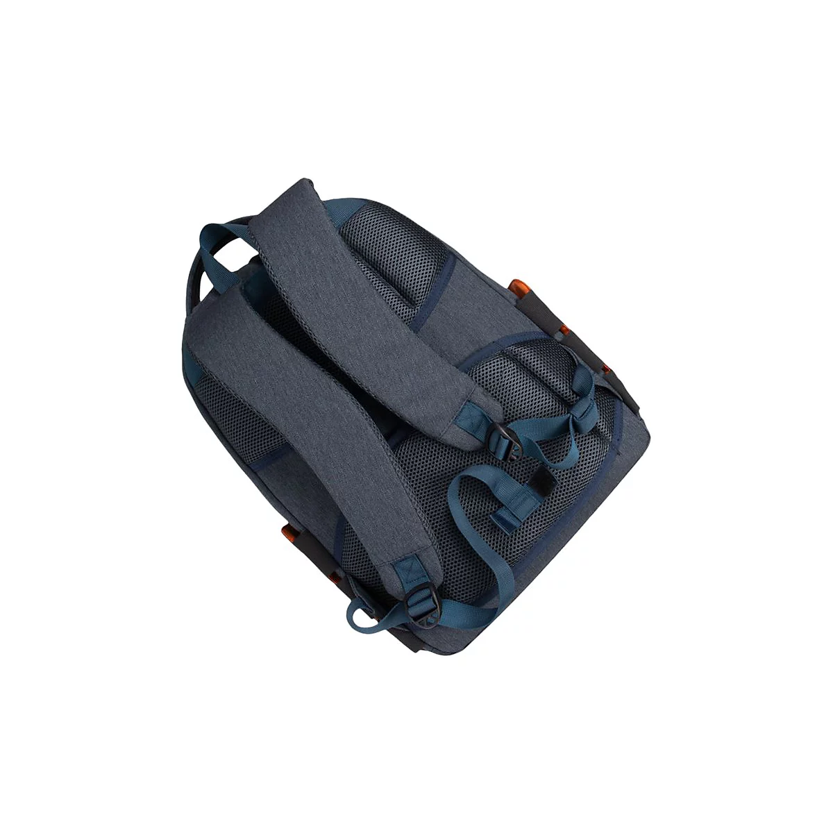 Rucksack-RÃ¼ckseite: gepolsterte Schultergurte, atmungsaktives RÃ¼ckenpolster, blaue Schnallen. Grauer, melierter Stoff, leichte Neigung.