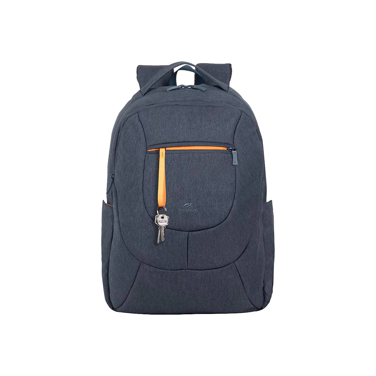 Dunkelblauer Rucksack mit orangefarbenem ReiÃŸverschluss und SchlÃ¼sselanhÃ¤nger. Das Design ist schlicht und funktional.