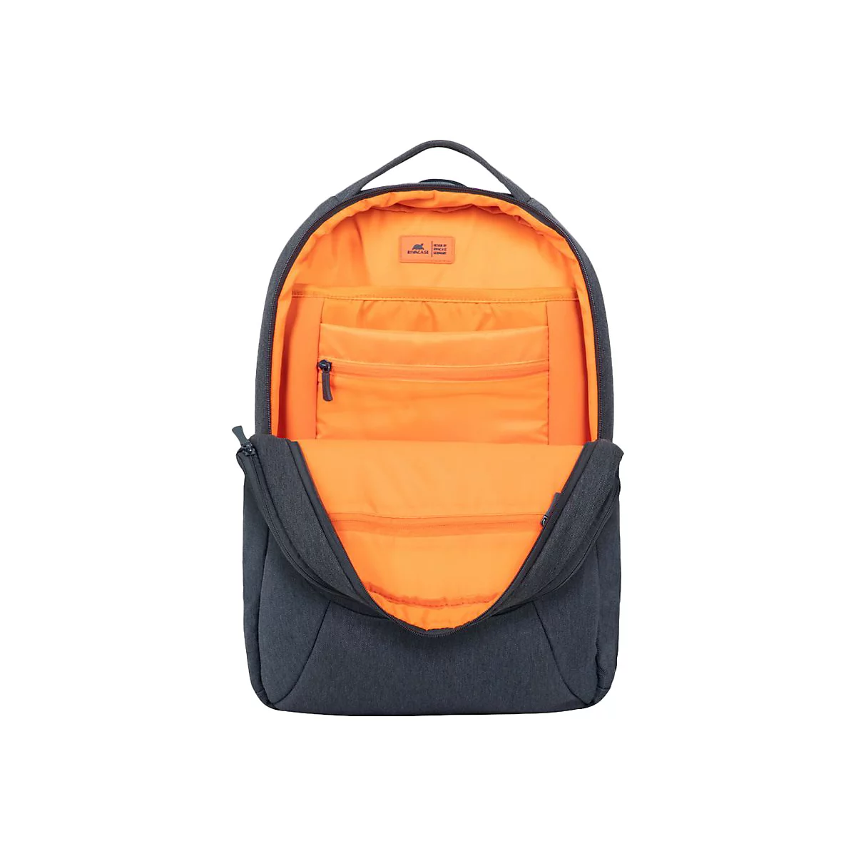Grauer Rucksack, offen gezeigt. Orangenes Innenfutter mit mehreren FÃ¤chern, schwarzem ReiÃŸverschluss und Trageschlaufe.