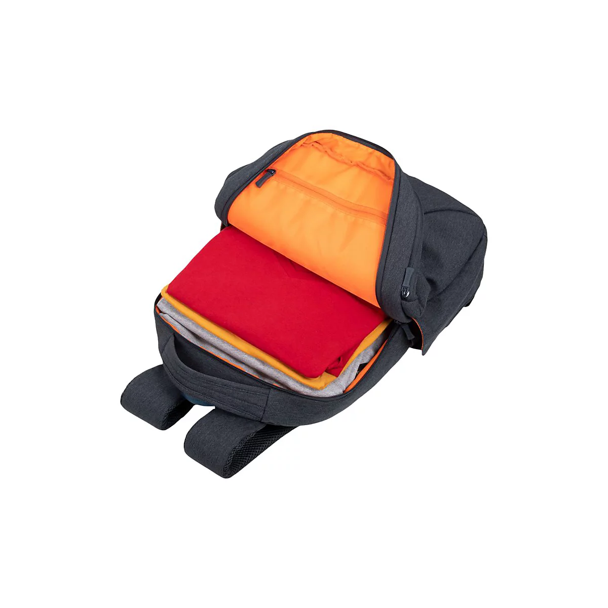 Grauer Rucksack, geÃ¶ffnet. Innen orange, mit roten und gelben KleidungsstÃ¼cken.