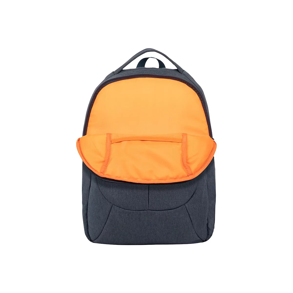 Blauer Rucksack, der geÃ¶ffnet ist und ein orangefarbenes Innenfutter zeigt.