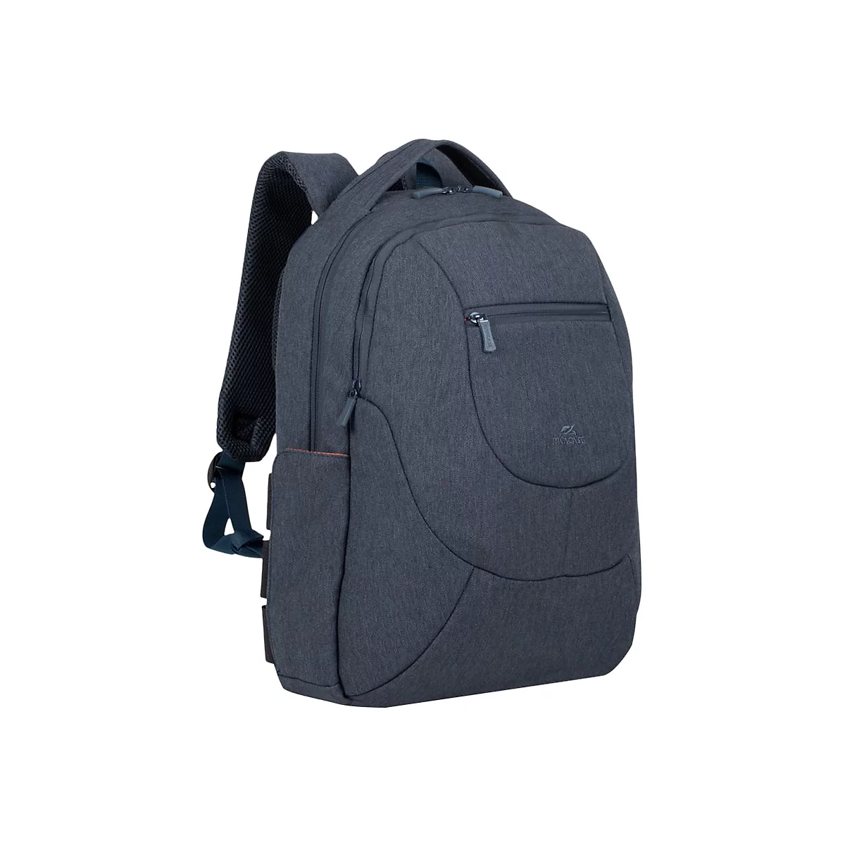 Blauer Rucksack, rechteckig und ergonomisch geformt, mit mehreren FÃ¤chern und ReiÃŸverschlÃ¼ssen.