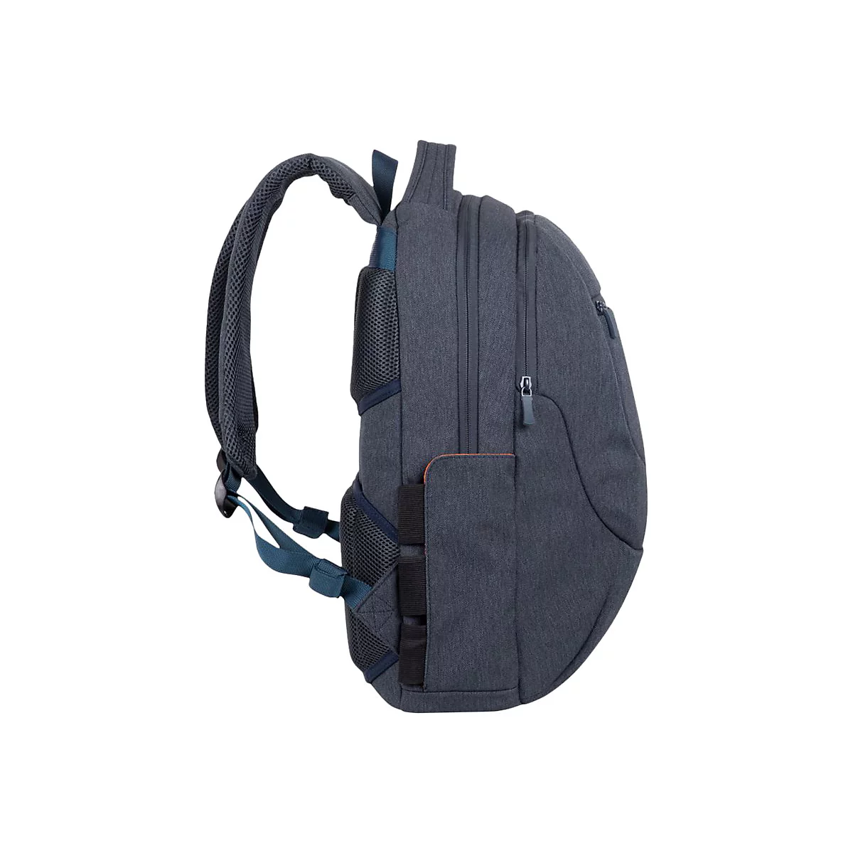 Blauer Rucksack im Profil, Detailansicht. Sichtbar sind Tragegurte, ReiÃŸverschlÃ¼sse und Seitentaschen.