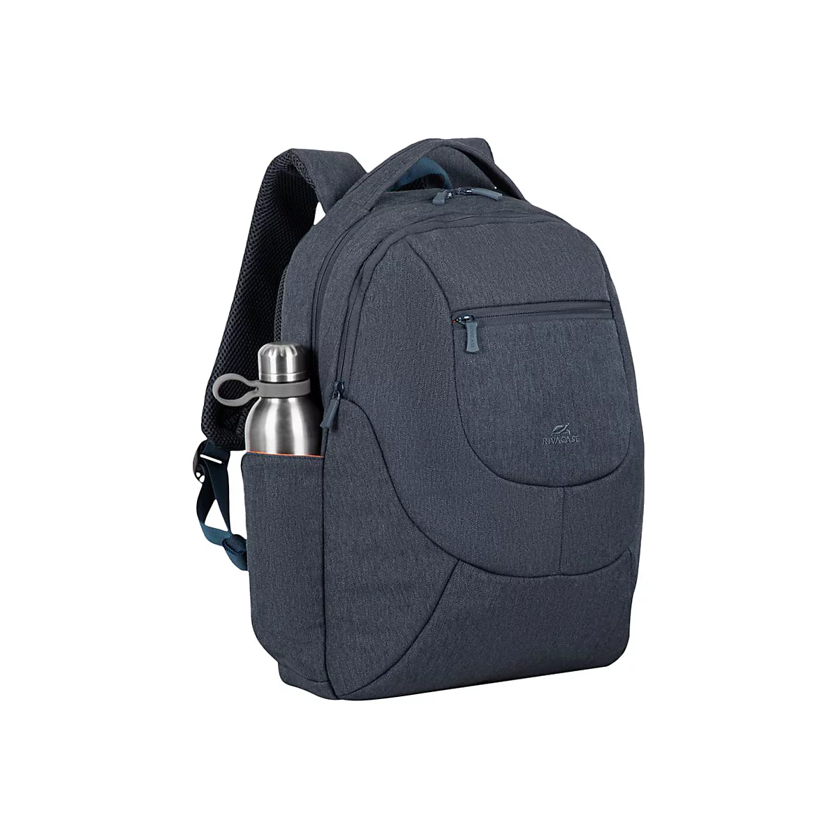 Dunkelblauer Rucksack mit einer Wasserflasche in der Seitentasche. Er hat mehrere FÃ¤cher und ReiÃŸverschlÃ¼sse.
