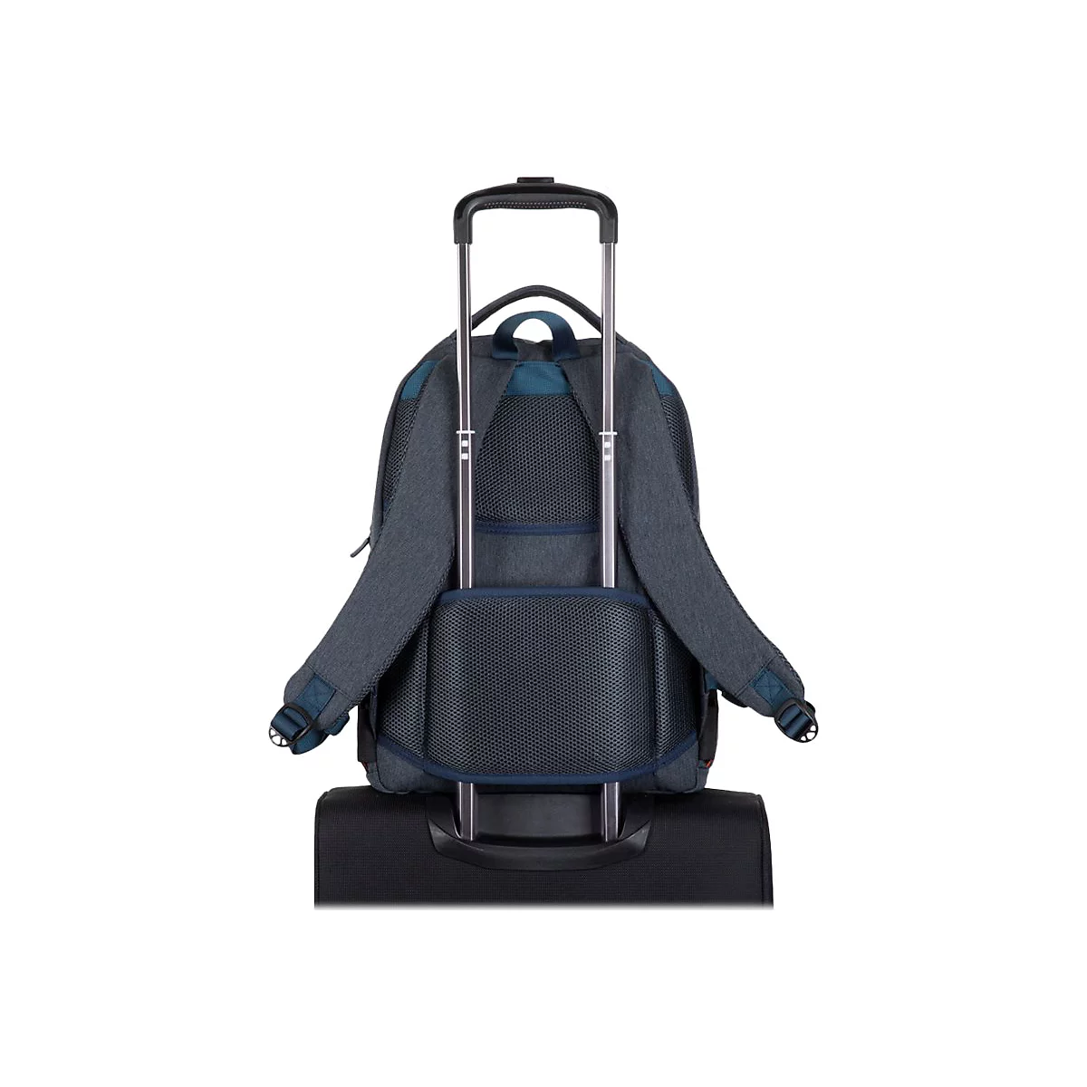 Grauer Rucksack auf einem Trolley, RÃ¼ckansicht. Ausziehbare Stange, schwarzer Trolley.