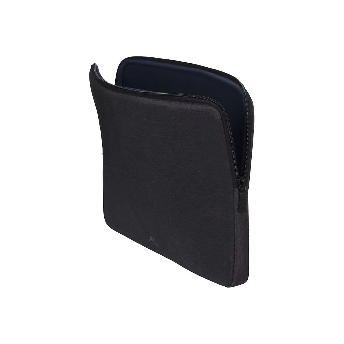Dunkelgraue Laptoptasche mit offenem ReiÃŸverschluss. Innen blau. Auf weiÃŸem Hintergrund.