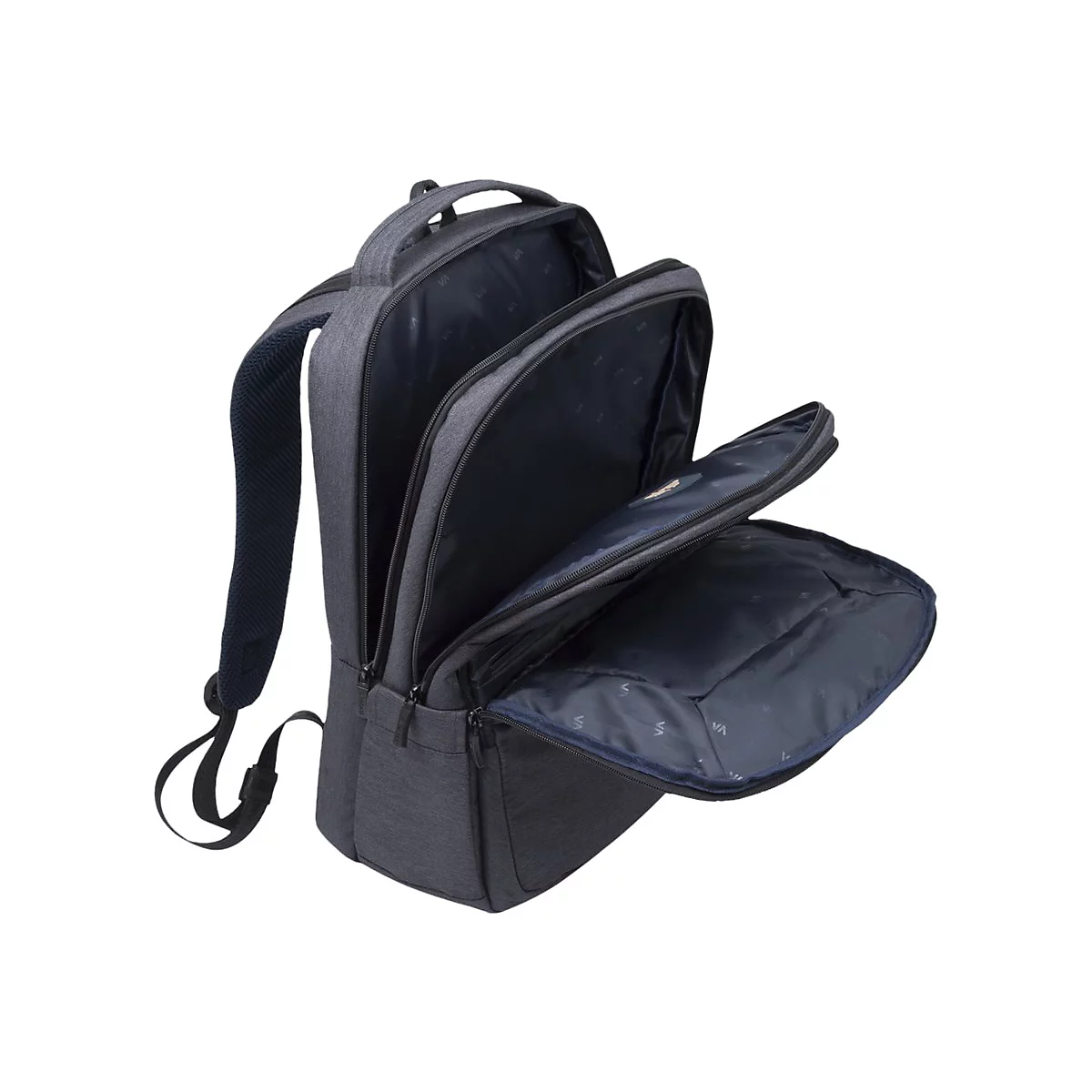 Grauer Rucksack mit offenem Innenraum, Details der Innentaschen sichtbar.