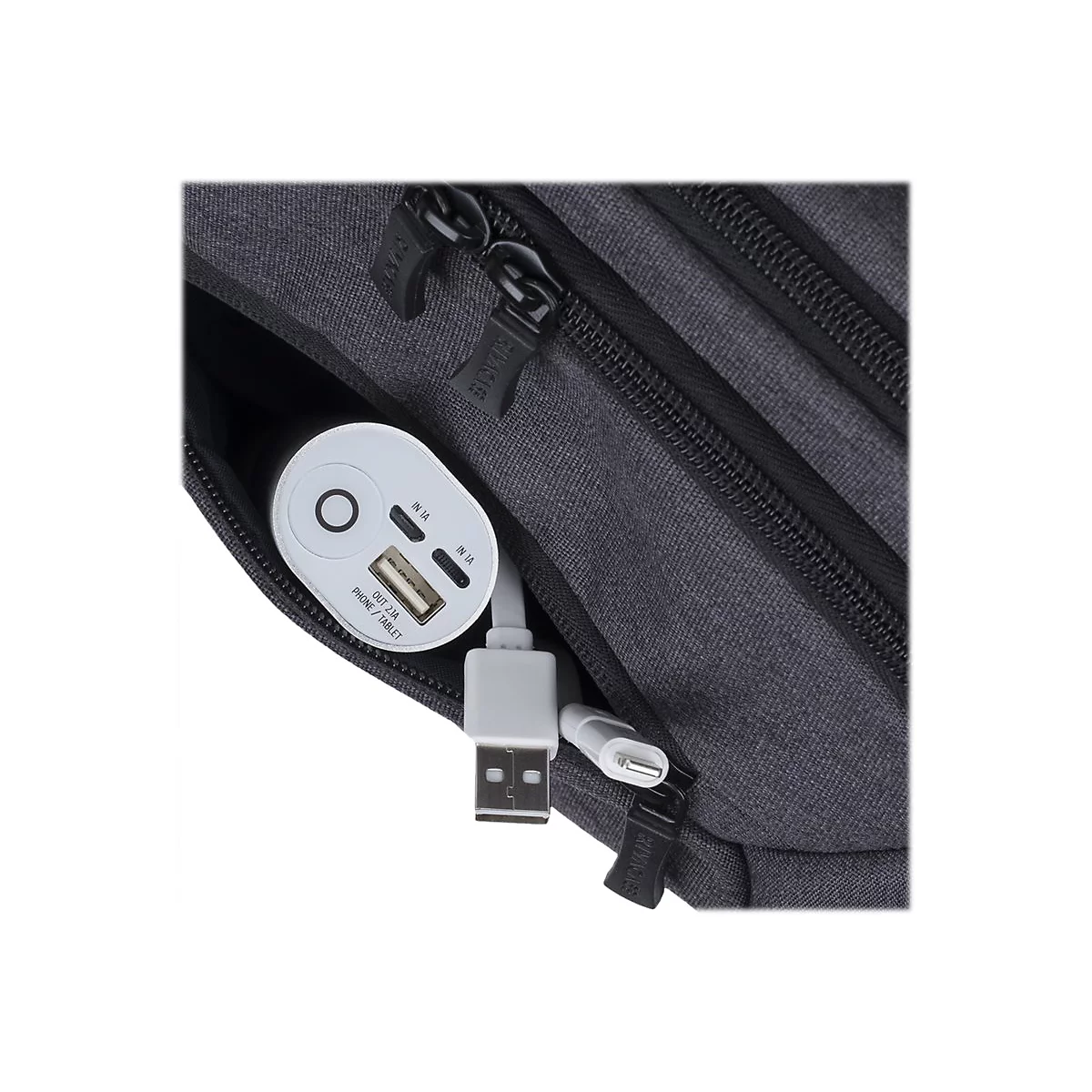 Ein weiÃŸes LadegerÃ¤t in einer grauen Tasche mit USB-Kabeln.