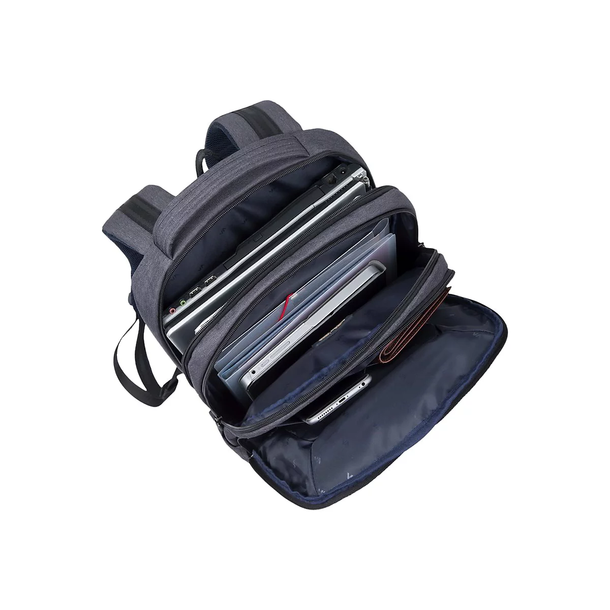 Ein offener, grauer Rucksack, gefÃ¼llt mit Laptops, Tablet und GeldbÃ¶rse.