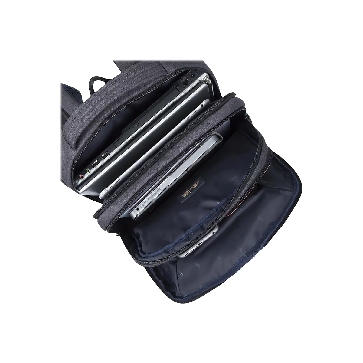 Ein offener, grauer Rucksack mit mehreren Laptops in verschiedenen FÃ¤chern.