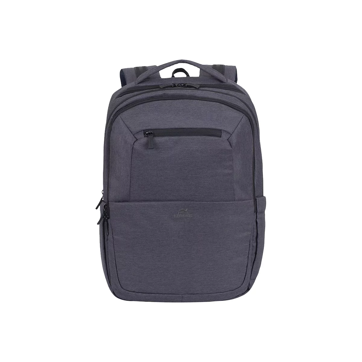 Dunkelgrauer Rucksack mit mehreren ReiÃŸverschlusstaschen und Tragegriff oben.
