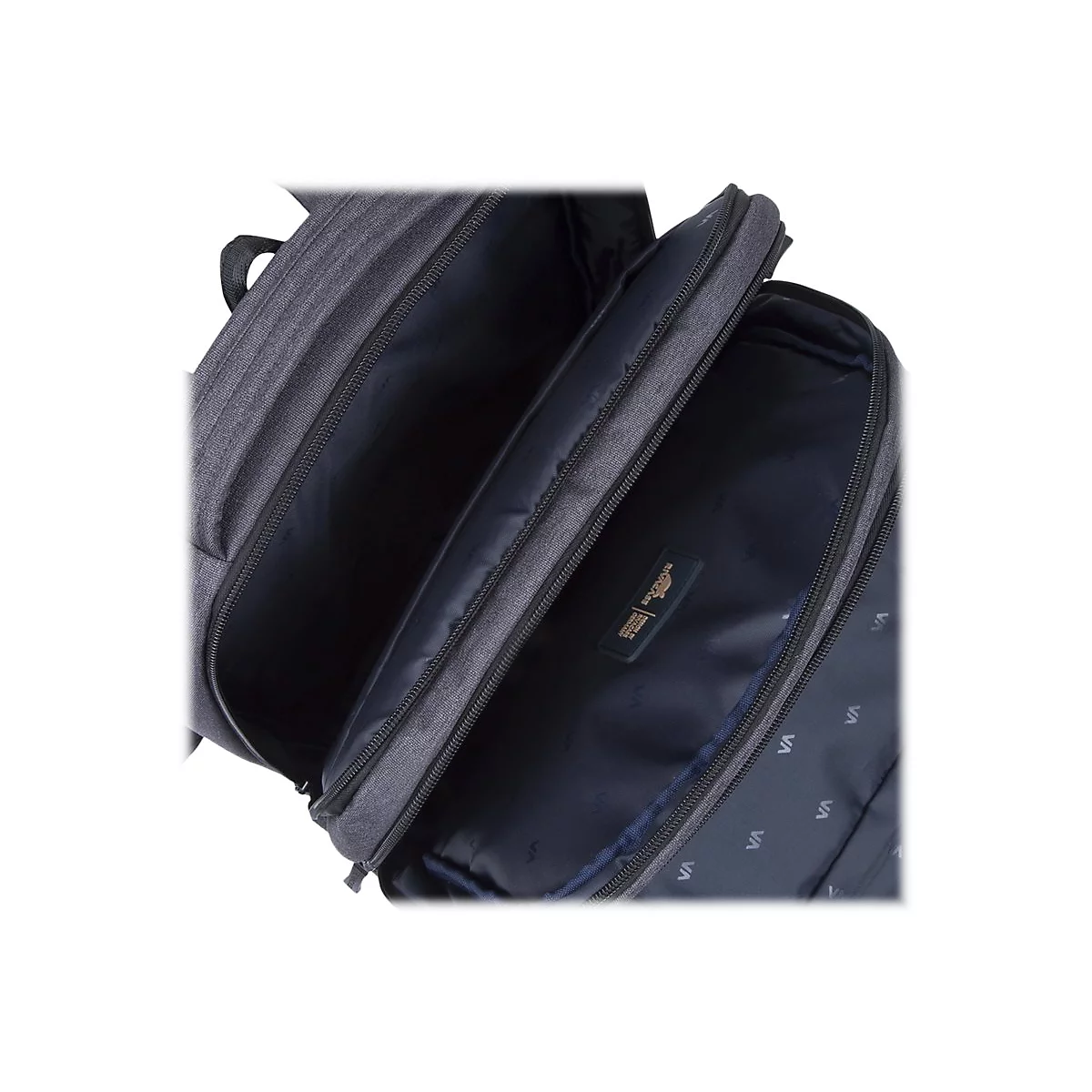 Ein aufgeschnittener grauer Rucksack. Die FÃ¤cher sind mit blauem Stoff ausgekleidet, mit einem kleinen Logo. Der Rucksack ist geÃ¶ffnet.