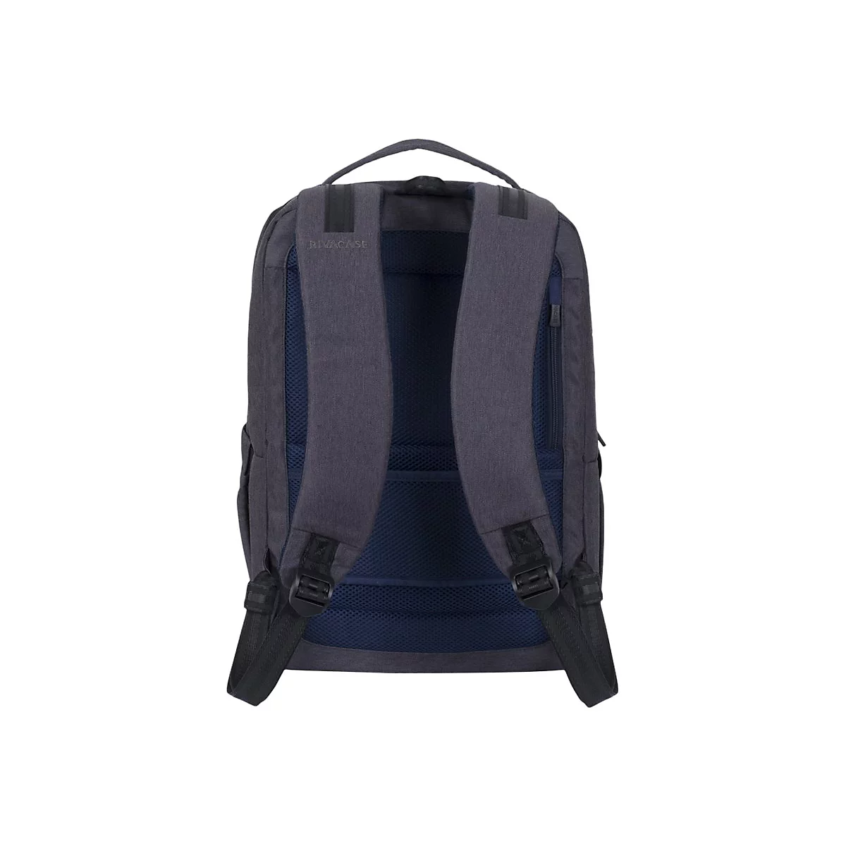 Dunkelgrauer Rucksack von hinten, mit blauer RÃ¼ckenpolsterung und schwarzen TrÃ¤gern.