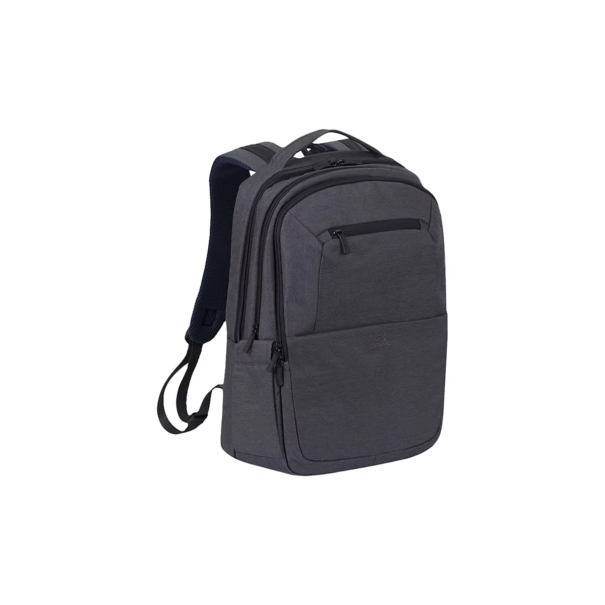 Dunkelgrauer Rucksack, leicht schrÃ¤g von vorne fotografiert. Schulterriemen und ReiÃŸverschlÃ¼sse sind schwarz.