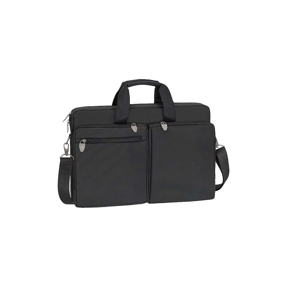Schwarze Laptoptasche mit zwei AuÃŸentaschen, Tragegriff, Schultergurt und ReiÃŸverschlÃ¼ssen.