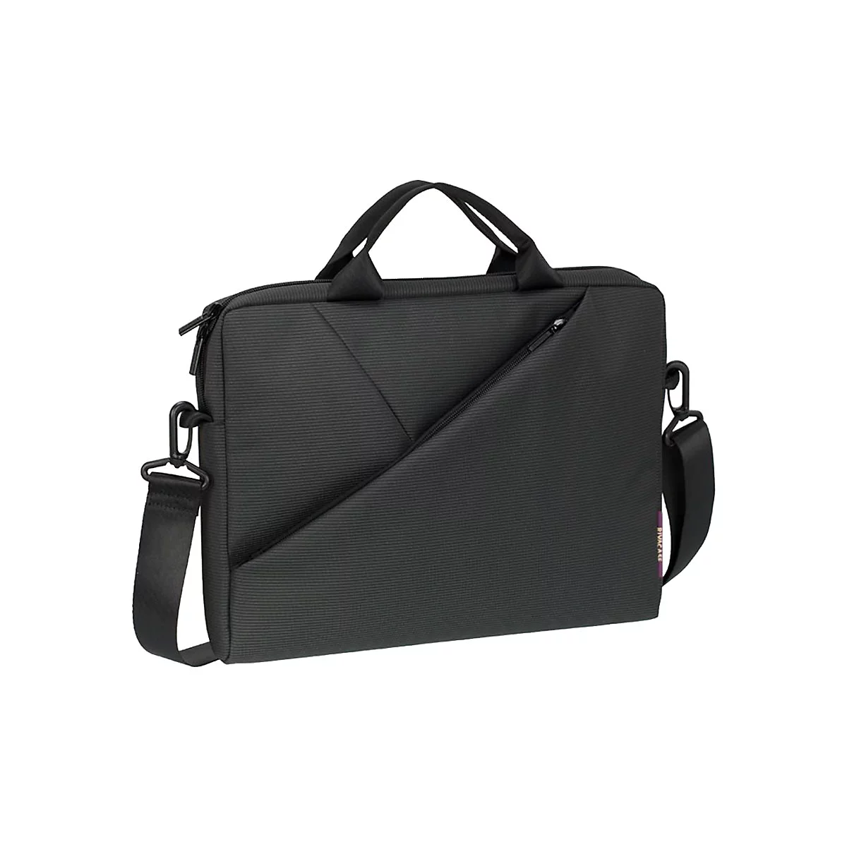 Schwarze Laptoptasche mit Griff und Schultergurt, diagonalem ReiÃŸverschlussfach.
