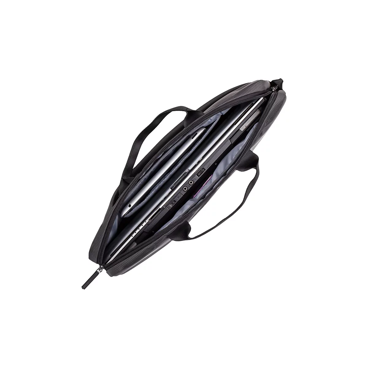 Schwarze Laptoptasche, offen, zeigt Laptop und Tablet.