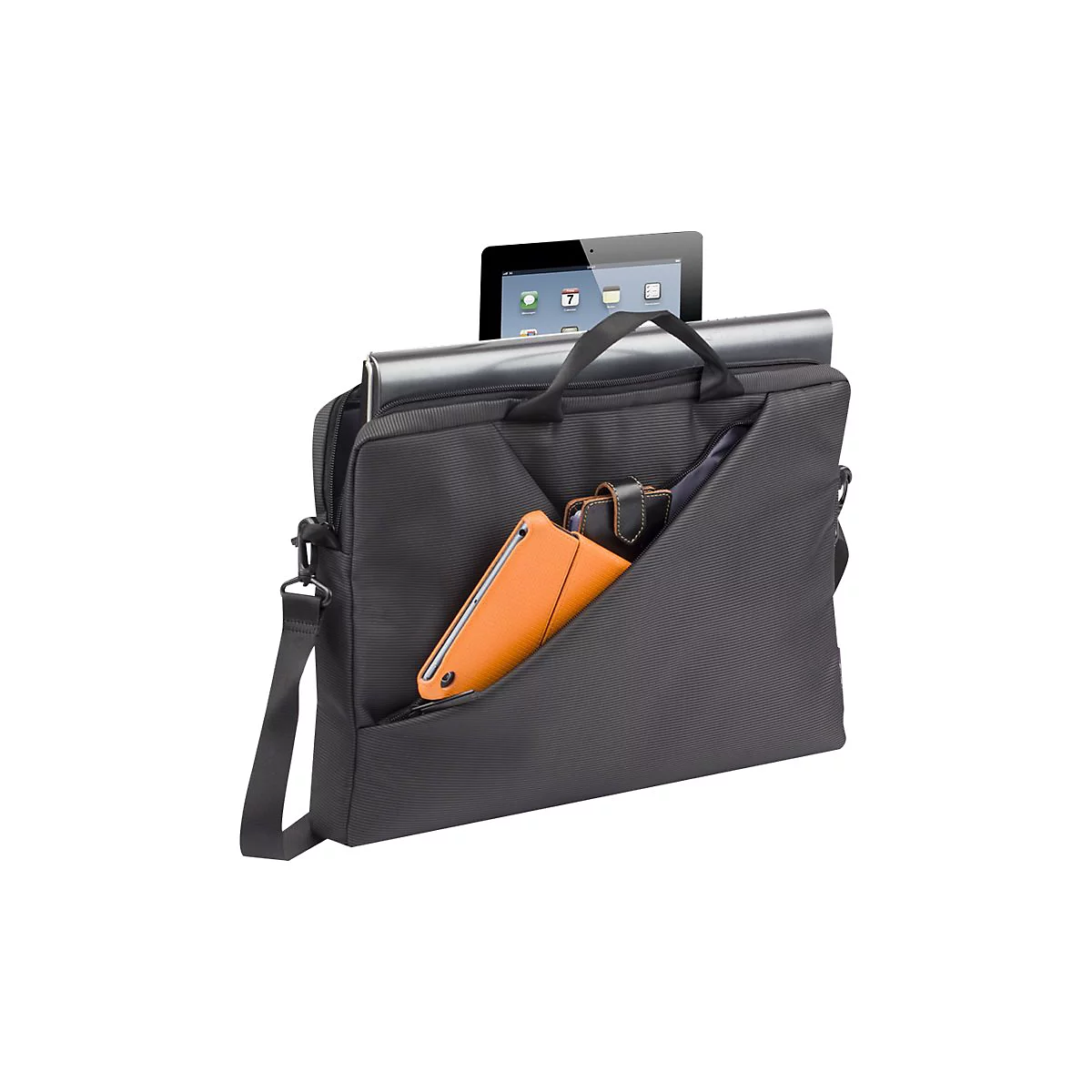 Schwarze Laptoptasche mit iPad und Handy. Tasche mit Trageriemen und Griff. Im Fach ein orangefarbenes Handy.