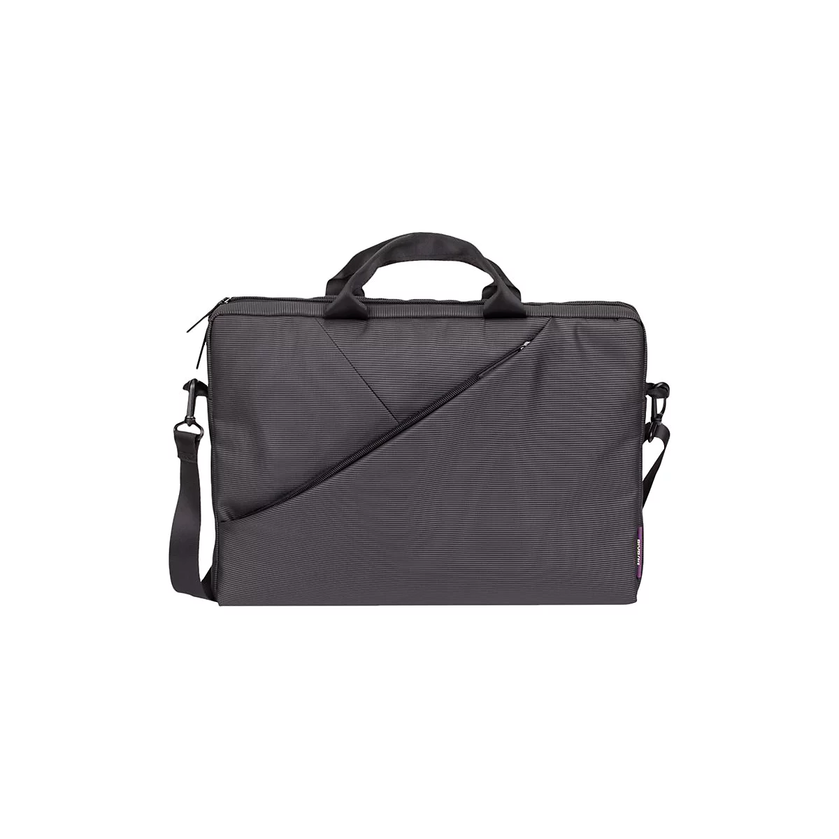 Dunkle, rechteckige Laptoptasche mit Griff, Schulterriemen und ReiÃŸverschluss. Die Tasche ist aus robustem Material gefertigt.
