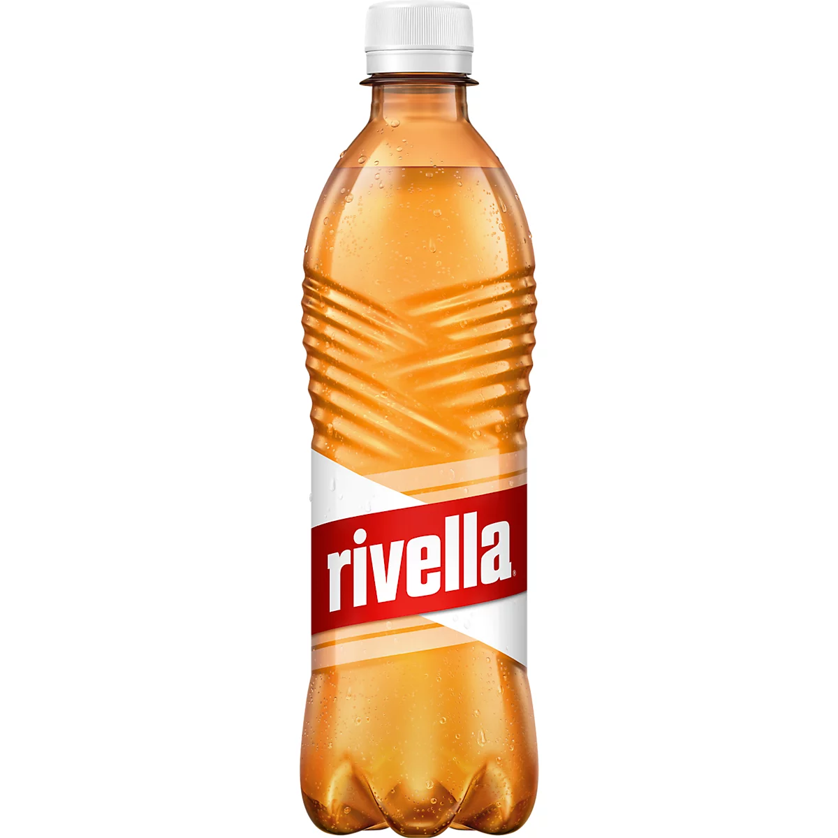 A bottle of Rivella soft drink with a white cap. The label reads 'Rivella' in white letters on a red background.