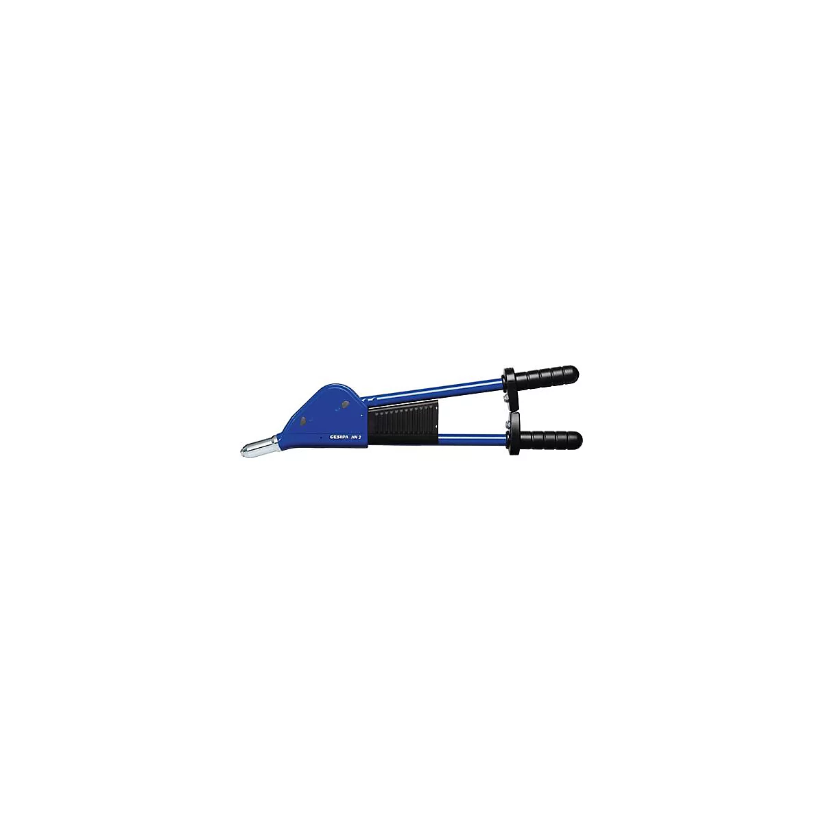 Pince à rivets bleue, avec poignées noires et un support en métal noir.