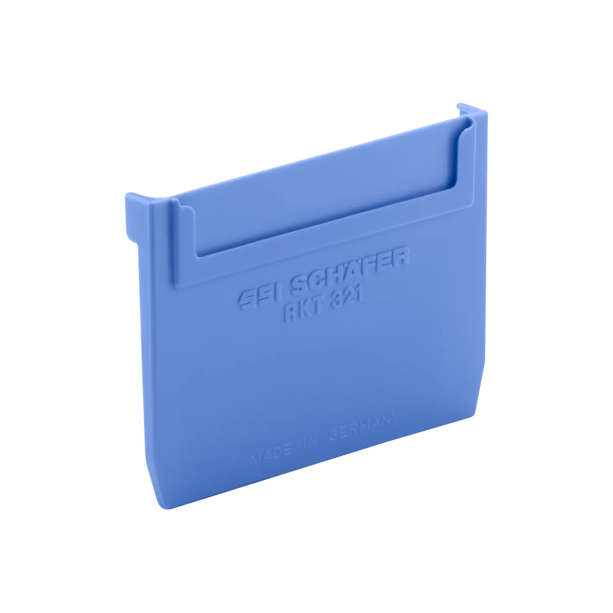 Blue plastic box labeled with "SSI SCHÄFER RKT 321" and "MADE IN GERMANY".