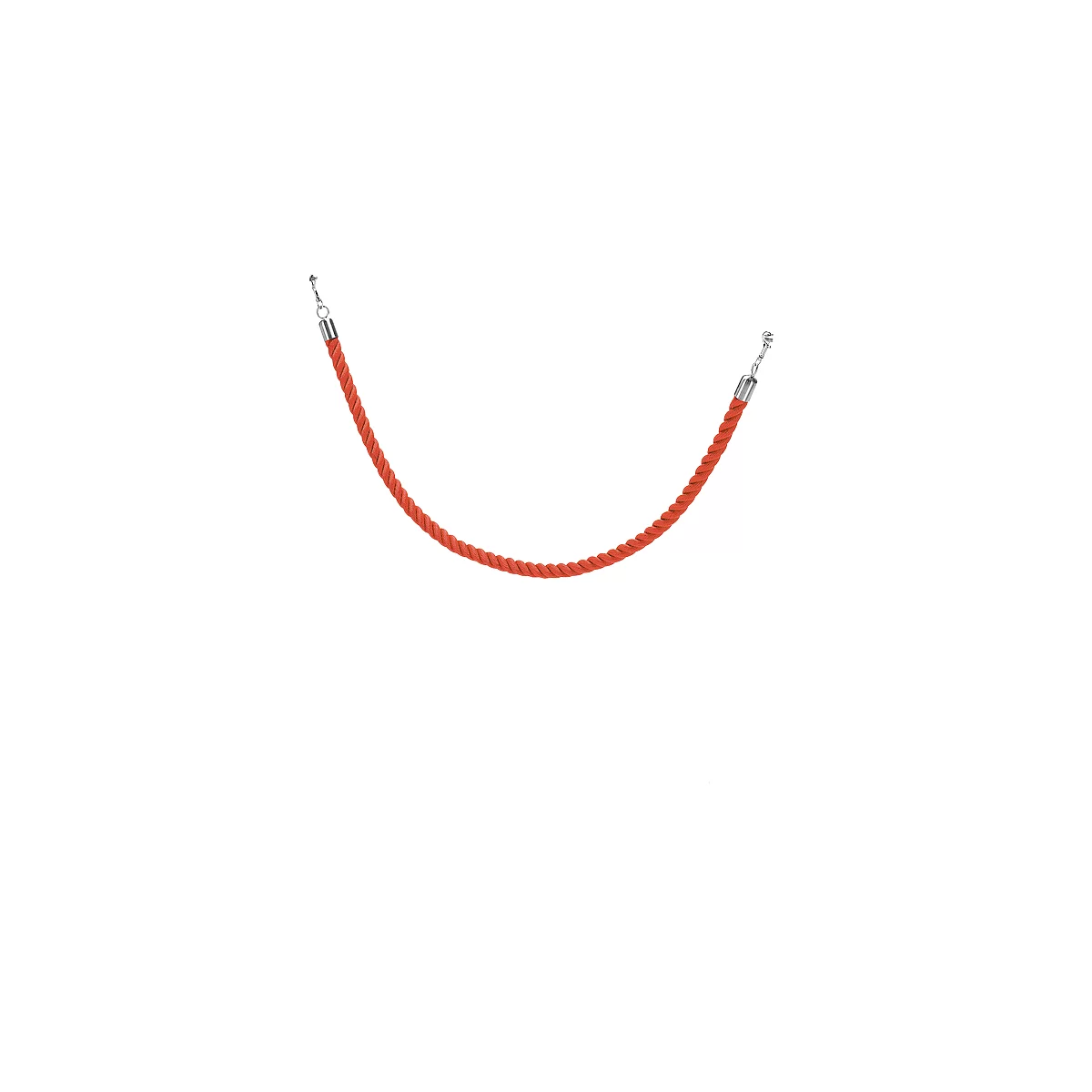 Red rope with silver metal ends, slightly curved against a white background.