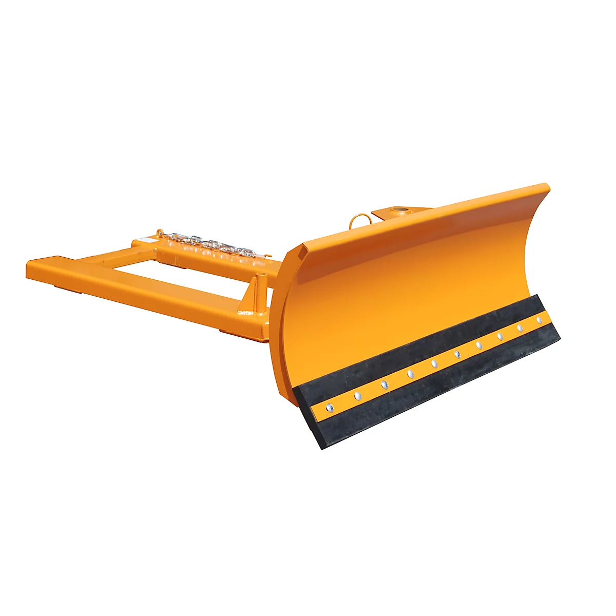 An orange snow plow. The upper part is orange, the lower part is fitted with a black rubber lip.