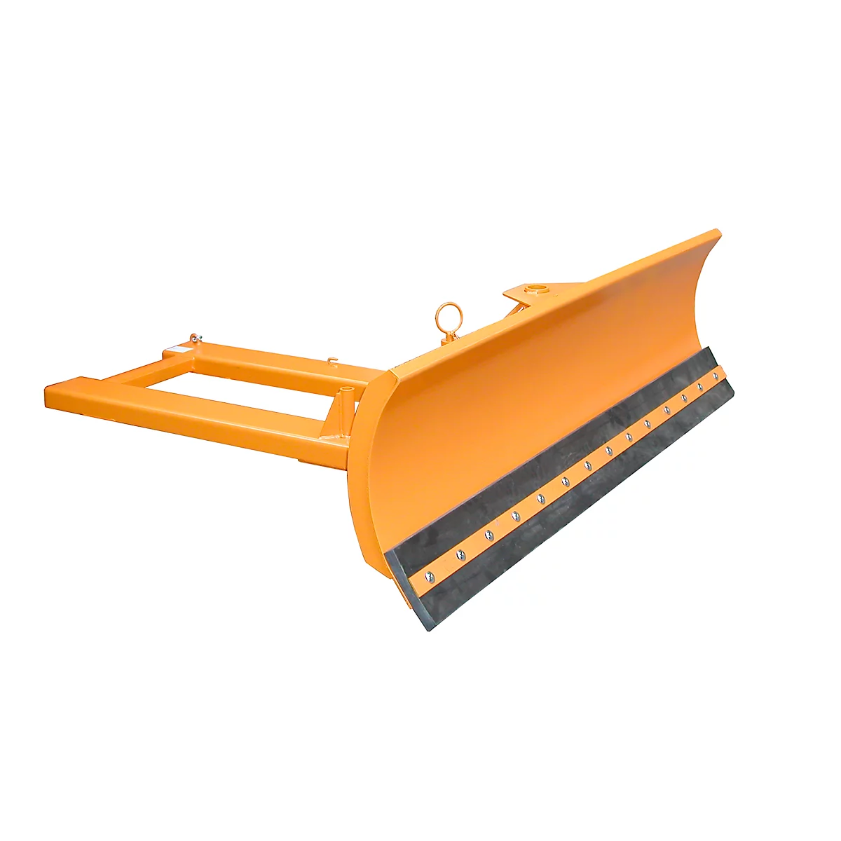 Orange snow plow with black rubber lip. Presented on a light background.