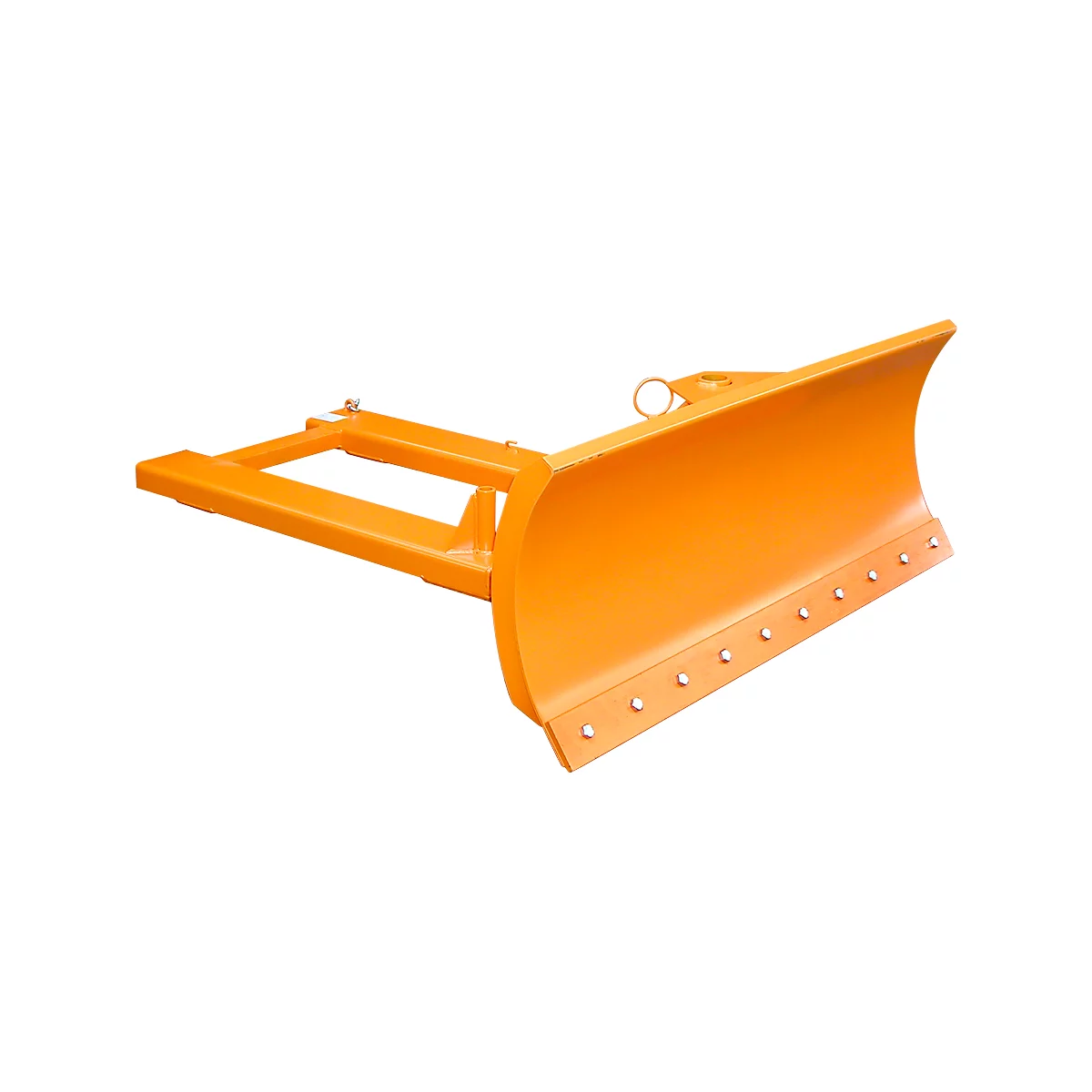 An orange snowplow against a white backdrop. The tool features a wide blade with bolts, a frame, and a hitch.