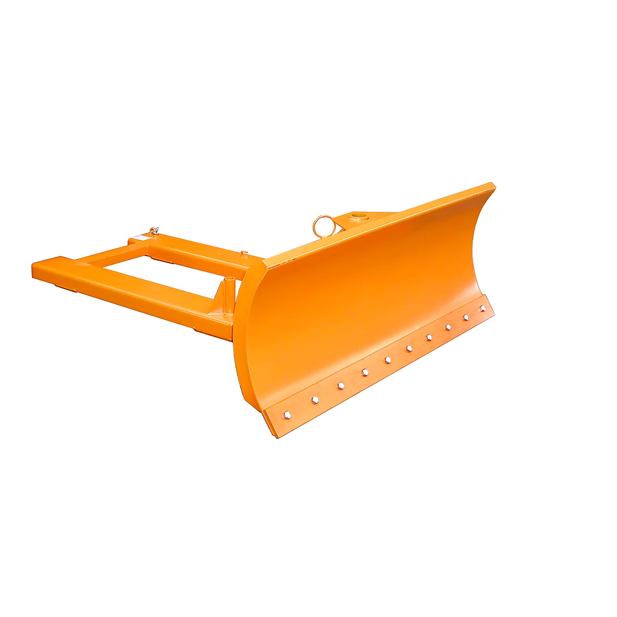 Orange snowplow on white background, detailed view.