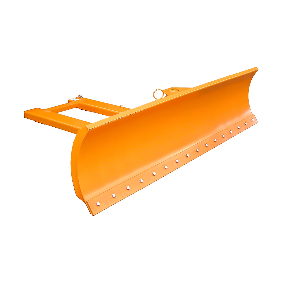 Orange snow plow, shown in detail. Rows of rivets are visible in the close-up.