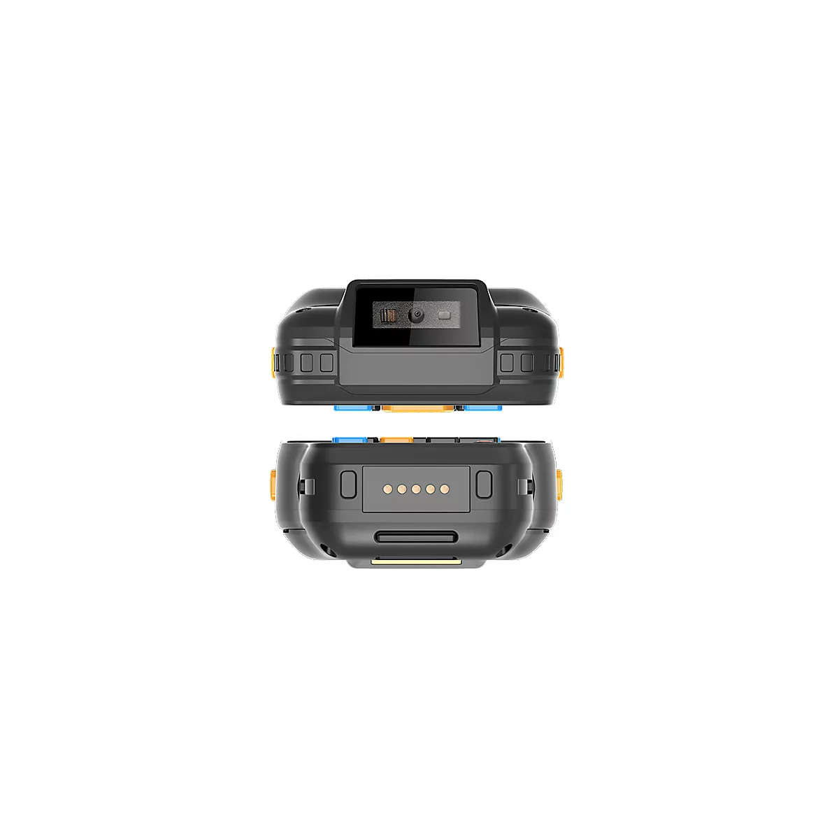 Zwei Scanner nebeneinander. Schwarzes Gehäuse mit gelben und blauen Akzenten. USB-Anschluss sichtbar.