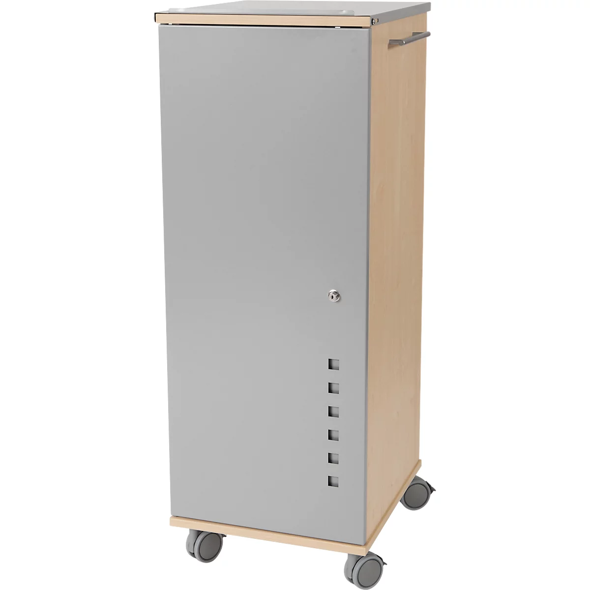 Grey cabinet with wooden sides, handle, and wheels. It has a lock, square openings, and stands on castors.